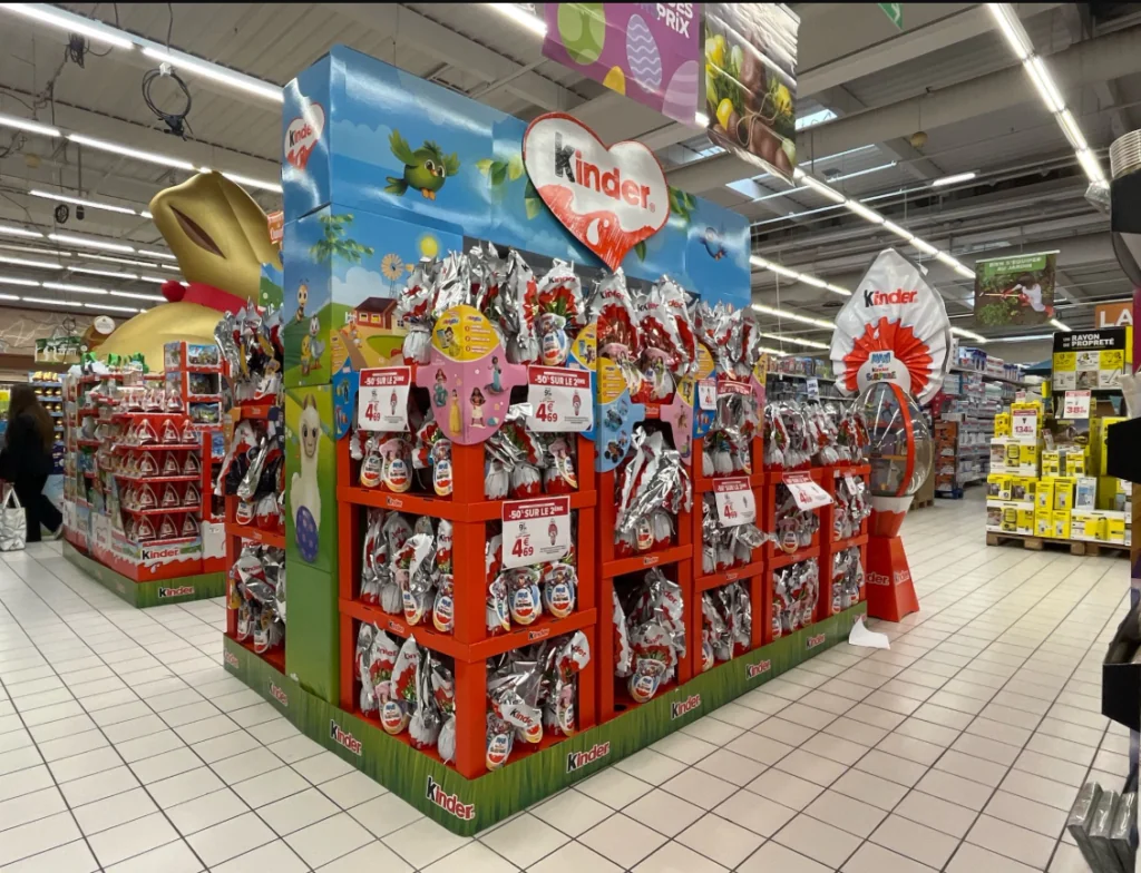 Ferrero Easter display with decorative arch and branded furniture in a supermarket